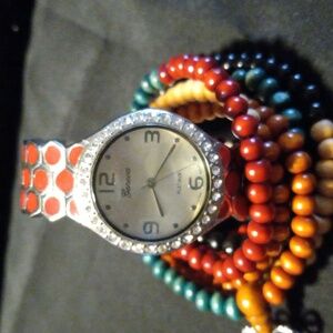Geneva Red and Silver Watch and wrap bracelet